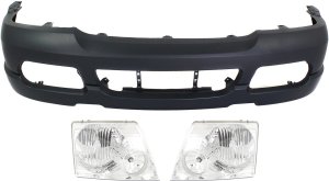 Front Bumper Cover Kit for 2002-2005 Ford Explorer, 3-Piece Kit with Headlights, Suitable for Sport Package, Replacement