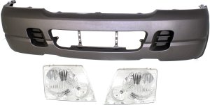 Front Bumper Cover for 2002 Ford Explorer, 3-Piece Kit, Primed (Ready to Paint), Without Fog Light Holes, Without Parking Aid Sensor Holes, with Headlights, Replacement