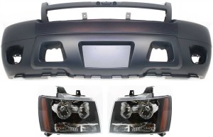 Headlight Assembly for Chevrolet Suburban 1500/Tahoe 2007-2014, Right (Passenger) and Left (Driver), 3-Piece Kit, Halogen, with Bumper Cover, Replacement