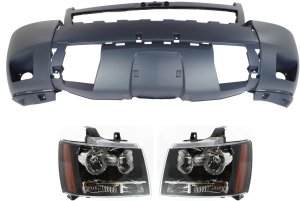 Headlight Assembly Kit for Chevrolet Suburban 1500/Tahoe 2007-2014, Right (Passenger) and Left (Driver), Halogen, 3-Piece with Bumper Cover, Replacement