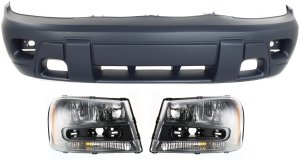 Headlight Assembly Kit for 2002-2005 Chevrolet Trailblazer, Right (Passenger) and Left (Driver), Halogen, 3-Piece with Bumper Cover, Replacement