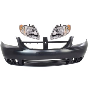 Front Bumper Cover Kit for Dodge Caravan/Grand Caravan 2005-2007, 3-Piece Set with Headlights, Replacement