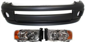 Front Bumper Cover Kit for Dodge Ram 1500 (2002-2005), 3-Piece Set with Valance and Headlights, Fits 1-Piece Type Bumper for 2003-2005 2500/3500 Models, Replacement