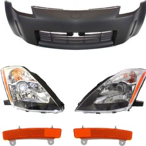 Front Bumper Cover for 2003-2005 Nissan 350Z, 5-Piece Kit with Bumper Reflector and Headlights, Replacement