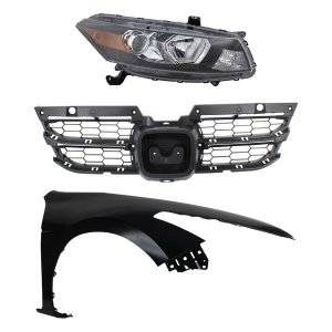 Headlight Assembly Kit for 2011-2012 Honda Accord, Right (Passenger) Halogen, 3-Piece Set with Fender and Grille Assembly Replacement