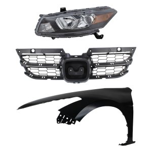 Headlight Assembly kit for 2011-2012 Honda Accord, Left (Driver) Side, Halogen, 3-Piece Set, Includes Fender and Grille Assembly, Replacement