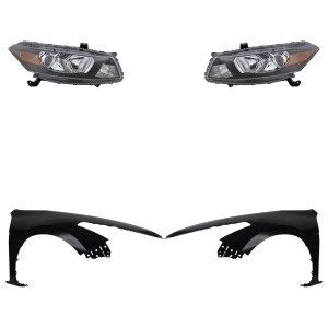 Headlight Assembly Kit for 2011-2012 Honda Accord, Right (Passenger) and Left (Driver), Halogen, 4-Piece Kit, with Fenders, Replacement