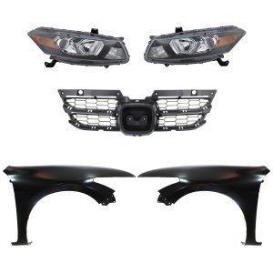 Headlight Assembly Kit for 2011-2012 Honda Accord, Right (Passenger) and Left (Driver), Halogen, 5-Piece Kit, with Fenders and Grille Assembly, Replacement
