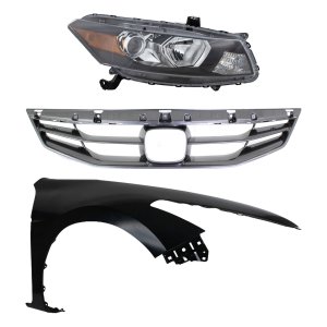 Headlight Assembly Kit for 2011-2012 Honda Accord, Right (Passenger) Side, 3-Piece Kit, Halogen, with Fender and Grille Assembly, Replacement