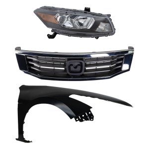 Headlight Assembly Kit for Honda Accord 2008-2010, Right (Passenger) Side, Halogen 3-Piece Kit with Fender and Grille Assembly, Replacement