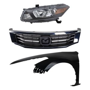 Headlight Assembly for 2008-2010 Honda Accord, Left (Driver), Halogen, 3-Piece Kit with Fender and Grille Assembly, Replacement