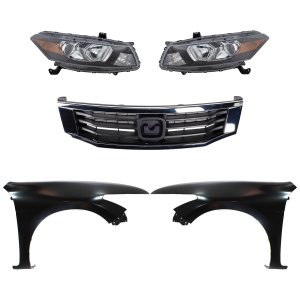 Headlight Assembly for 2008-2010 Honda Accord, Right (Passenger) and Left (Driver), Halogen, 5-Piece Kit with Fenders and Grille Assembly Replacement
