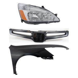 Headlight Assembly for 2003-2005 Honda Accord, Right (Passenger) Side, Halogen, 3-Piece Kit with Fender and Grille Assembly, Replacement