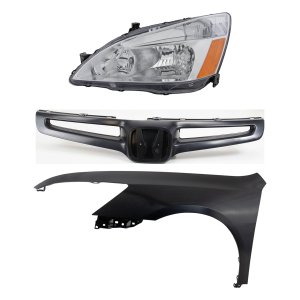 Headlight Assembly Kit for 2003-2005 Honda Accord, Left (Driver) Side, Halogen, 3-Piece with Fender and Grille Assembly, Replacement