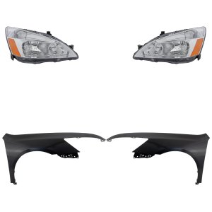 Headlight Assembly Kit for 2003-2007 Honda Accord, Includes Right (Passenger) and Left (Driver), Halogen, 4-Piece Set with Fenders, Replacement