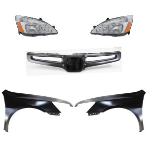 Headlight Assembly Kit for 2003-2005 Honda Accord, Right (Passenger) and Left (Driver), Halogen, 5-Piece Kit, with Fenders and Grille Assembly Replacement