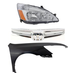 Headlight Assembly Kit for 2003-2005 Honda Accord, Right (Passenger) Side, Halogen, 3-Piece Set with Fender and Grille Assembly, Replacement