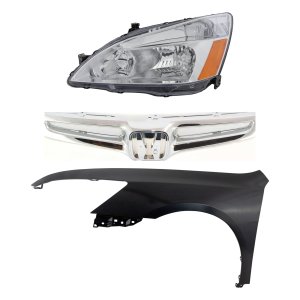 Headlight Assembly Kit for 2003-2005 Honda Accord, Left (Driver), Halogen, 3-Piece with Fender and Grille Assembly Replacement