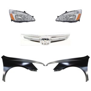 Headlight Assembly Kit for 2003-2005 Honda Accord, Right (Passenger) and Left (Driver), Halogen, 5-Piece with Fenders and Grille Assembly, Replacement