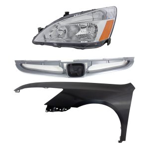 Headlight Assembly Kit for 2006-2007 Honda Accord, Left (Driver), Halogen, 3-Piece with Fender and Grille, Replacement