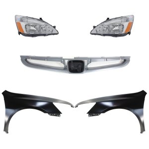 Headlight Assembly Kit for 2006-2007 Honda Accord, Includes Right (Passenger) and Left (Driver) Halogen Lights, 5-Piece Set with Fenders and Grille, Replacement