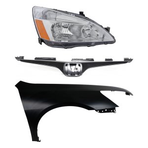 Headlight Assembly Kit for 2003-2006 Honda Accord, Right (Passenger) Side, Halogen, 3-Piece Set Including Fender and Grille Assembly, Replacement