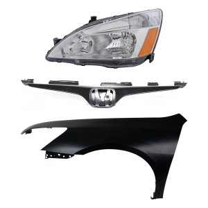 Headlight Assembly Kit for 2003-2006 Honda Accord, Left (Driver) Halogen 3-Piece with Fender and Grille Assembly, Replacement