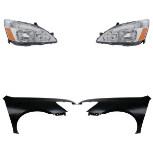 Headlight Assembly Kit for 2003-2006 Honda Accord, Right (Passenger) and Left (Driver), Halogen, 4-Piece Kit, with Fenders, Replacement