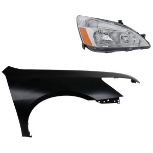Headlight Assembly Kit for Honda Accord 2003-2006, Right (Passenger) Side, Halogen, 2-Piece Kit with Fender, Replacement