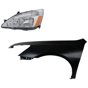 Headlight Assembly Kit for Honda Accord 2003-2006, Left (Driver) Side, Halogen, 2-Piece Kit, with Fender, Replacement