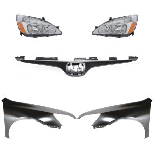 Headlight Assembly for 2003-2006 Honda Accord, Right (Passenger) and Left (Driver), Halogen, 5-Piece Kit with Fenders and Grille Assembly, Replacement