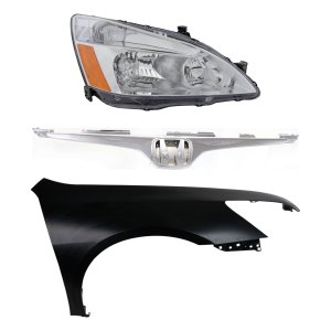 Headlight Assembly for Honda Accord 2003-2005, Right (Passenger) Halogen, 3-Piece Kit with Fender and Grille Assembly Replacement