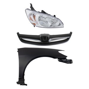 Headlight Kit for HONDA CIVIC 2004-2005, Right (Passenger) Side, Lens and Housing, Halogen, 3-Piece Set, with Fender and Grille Replacement