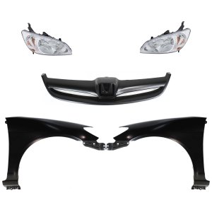 Headlight Lens and Housing Kit for 2004-2005 Honda Civic, Right (Passenger) and Left (Driver), Halogen, 5-Piece Kit with Fenders and Grille - Replacement
