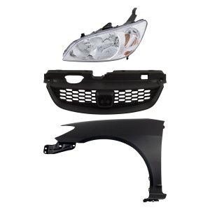 Headlight for Honda Civic 2004-2005 Left (Driver), Including Lens, Housing, and Halogen, 3-Piece Kit with Fender and Grille, Replacement