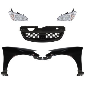 Headlight Kit for 2004-2005 Honda Civic, Includes Right (Passenger) and Left (Driver) Halogen Lenses and Housings, 5-Piece with Fenders and Grille, Replacement 