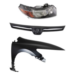 Headlight Assembly Kit for 2006-2007 Honda Civic Right (Passenger), Halogen, 3-Piece Set, Includes Fender and Grille, Replacement