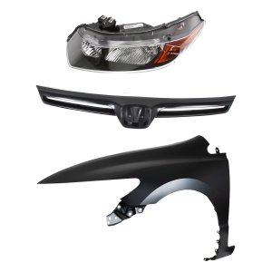 Headlight Assembly Kit for 2006-2007 Honda Civic, Left (Driver) Side, Halogen, 3-Piece, with Fender and Grille, Replacement