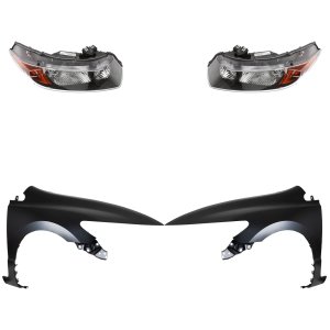 Headlight Assembly for 2006-2007 Honda Civic, Right (Passenger) and Left (Driver), Halogen, 4-Piece Kit with Fenders, Replacement