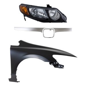 Headlight Kit for 2006-2008 Honda Civic Right (Passenger), Includes Lens and Housing, Halogen, 3-Piece Set with Fender and Grille Assembly Replacement