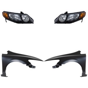 Headlight Kit for 2006-2008 Honda Civic, Right (Passenger) and Left (Driver), Lens and Housing, Halogen, 4-Piece Kit with Fenders, Replacement