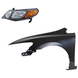 Headlight Kit for 2006-2008 Honda Civic, Left (Driver) Halogen Lens and Housing, 2-Piece with Fender, Replacement