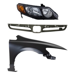 Grille Kit for 2007-2008 Honda Civic, Painted Silver Shell and Insert, 3-Piece Set with Fender and Headlight Replacement