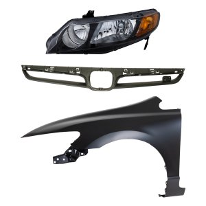Grille Kit for 2007-2008 Honda Civic, Includes 3-Piece Painted Silver Shell and Insert, Fender, and Headlight, Replacement