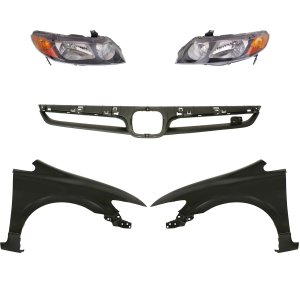 Grille Kit for 2007-2008 Honda Civic, Includes Painted Silver Shell and Insert, 5-Piece Set with Fenders and Headlights, Replacement