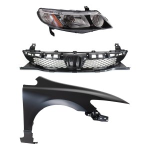 Headlight for Honda Civic 2009-2011 Right (Passenger) Side, Includes Lens and Housing, Halogen, 3-Piece Kit with Fender and Grille Assembly, Replacement