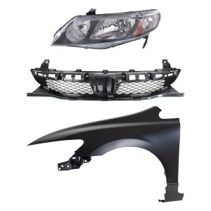 Headlight for 2009-2011 Honda Civic, Left (Driver) Lens and Housing, Halogen, 3-Piece Kit with Fender and Grille Assembly, Replacement