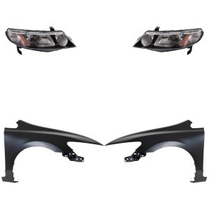 Headlight Kit for 2009-2011 Honda Civic, Right (Passenger) and Left (Driver), Lens and Housing, Halogen, 4-Piece Kit, with Fenders, Replacement