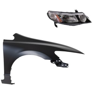 Headlight with Lens and Housing for 2009-2011 Honda Civic Right (Passenger), Halogen, 2-Piece Kit, with Fender Replacement
