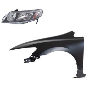 Headlight Lens and Housing Kit for 2009-2011 Honda Civic, Left (Driver) Side, 2-Piece Halogen Kit, with Fender Replacement